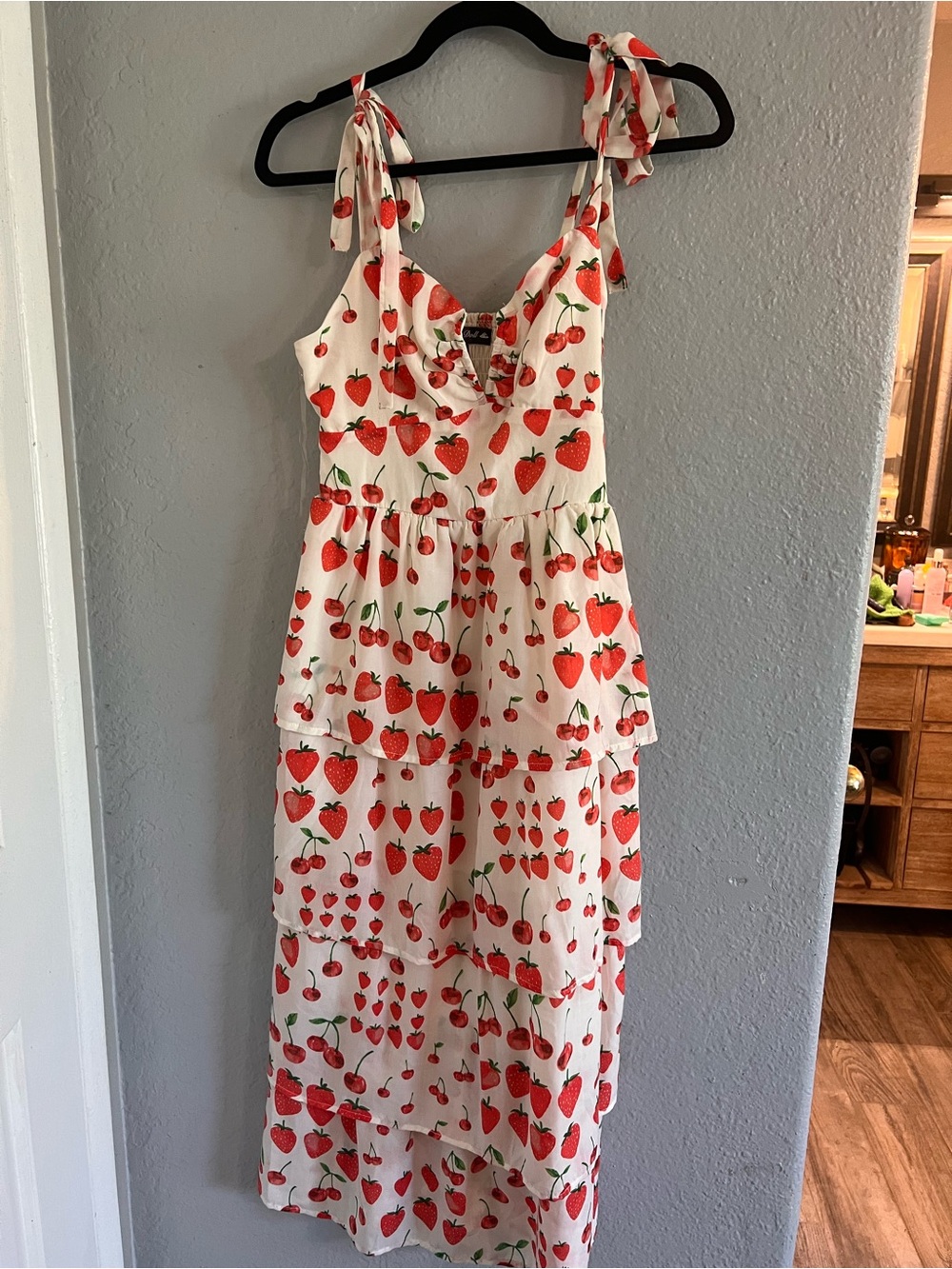 White and Red Strawberry Tiered Midi Dress - Picture 5 of 7